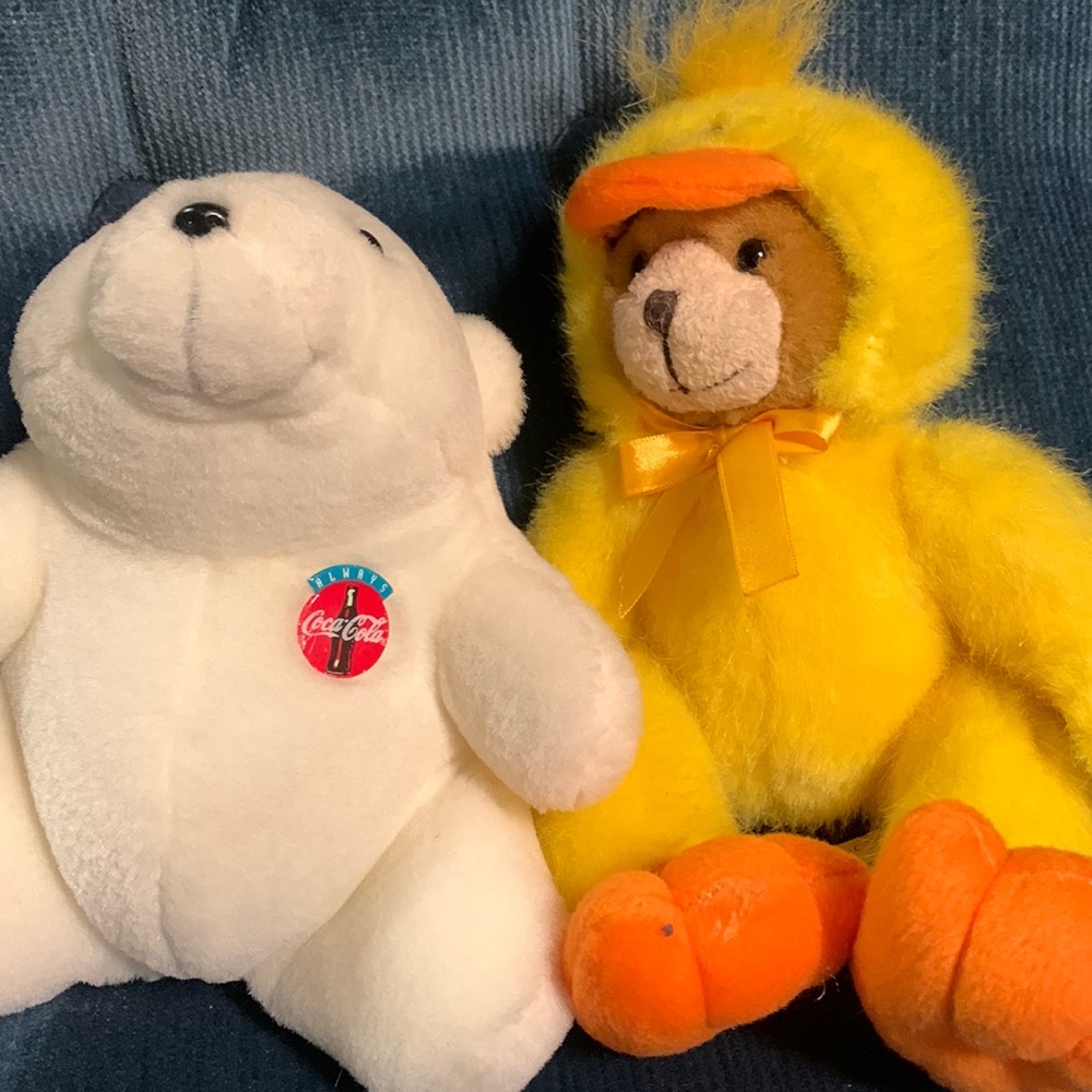 Adorable plush bears Always  Coca-Cola white bear and bear with duck alfit
